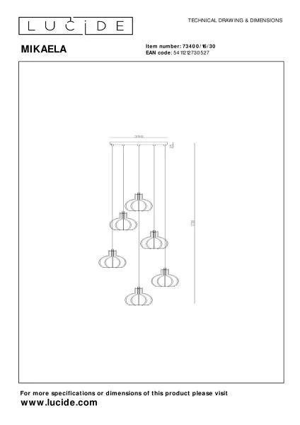 Lucide MIKAELA - Hanglamp - Ø 35 cm - 6xE14 - Zwart - technisch